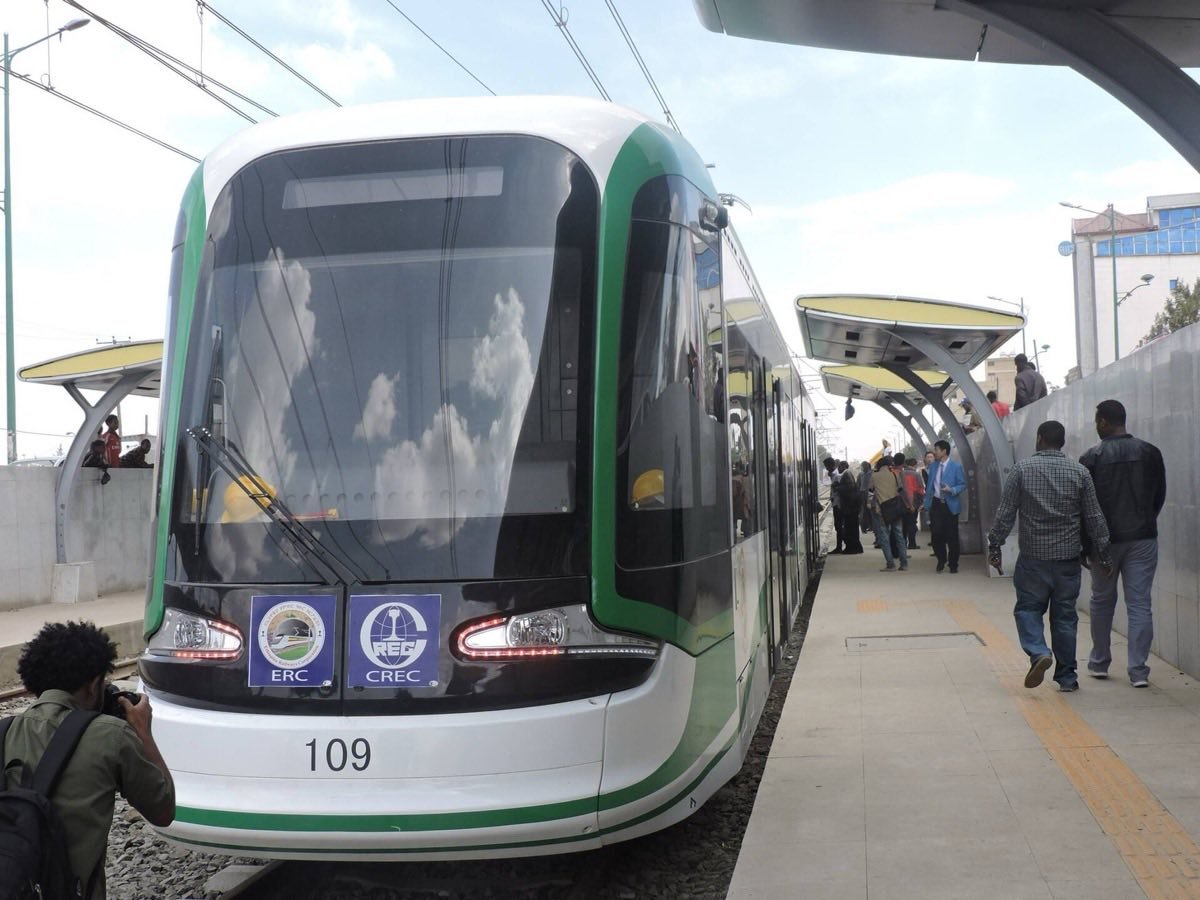 An Addis Ababa Light Rail vehicle at a station