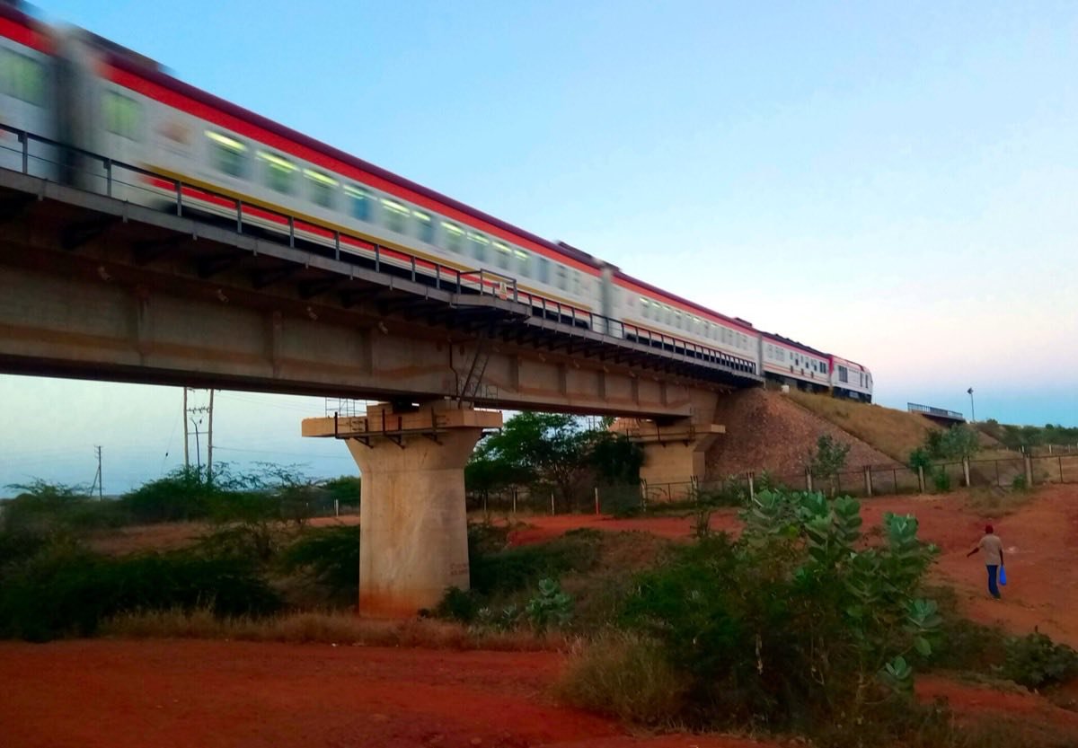 An express passenger train on the Mombasa–Nairobi Standard Gauge Railway